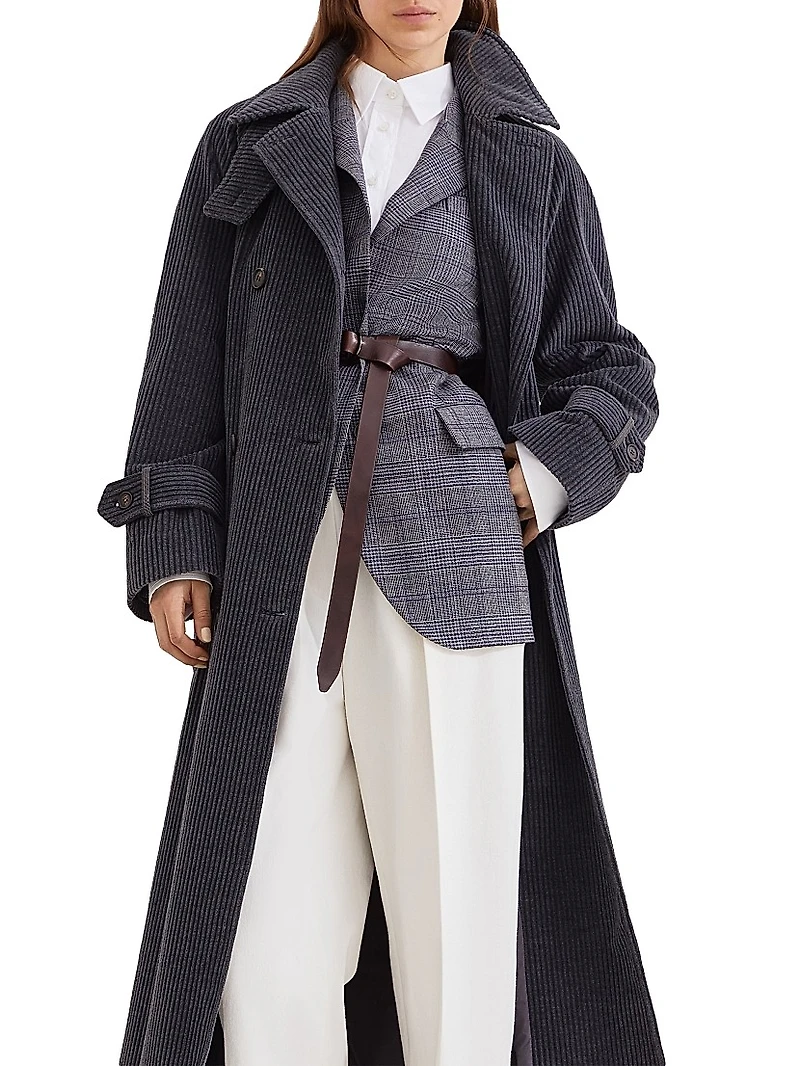 Cotton and Cashmere Wide Rib Corduroy Trench with Shiny Cuff Details