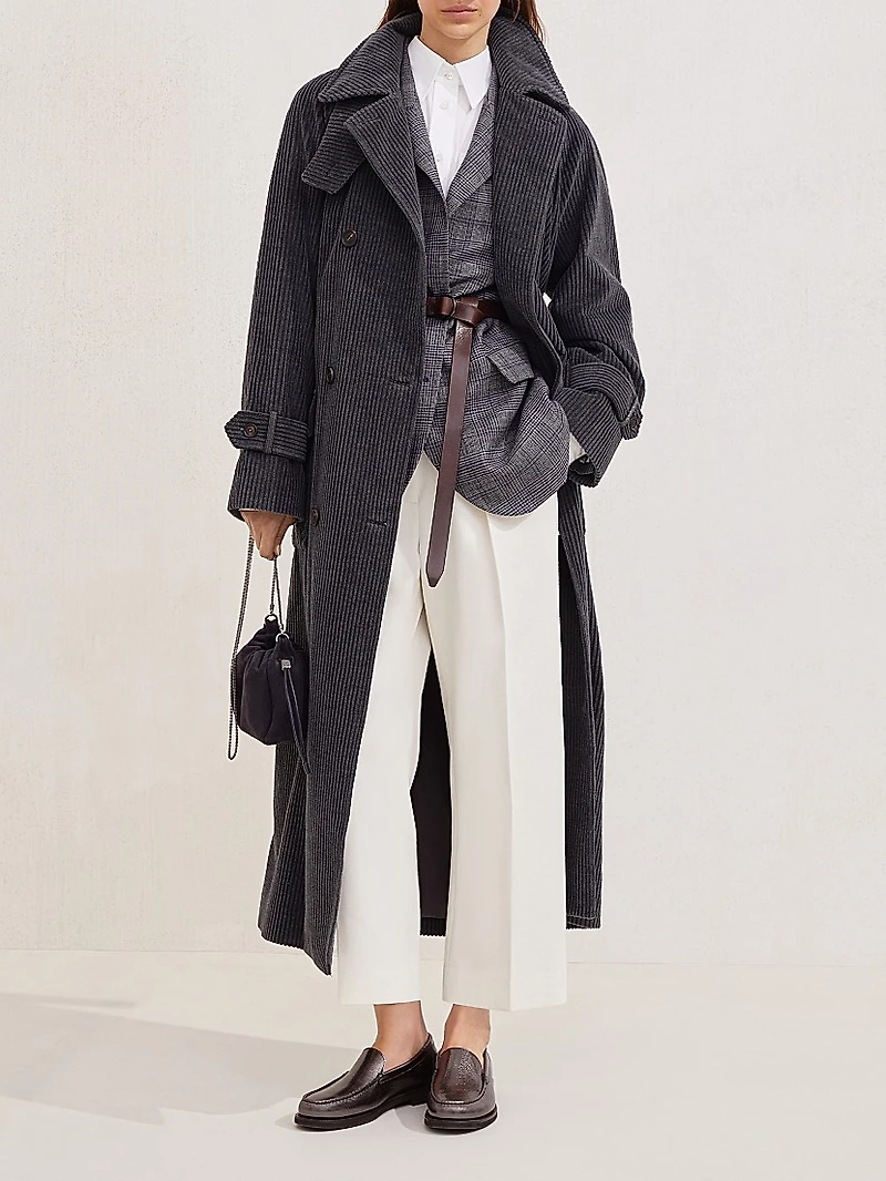 Cotton and Cashmere Wide Rib Corduroy Trench with Shiny Cuff Details