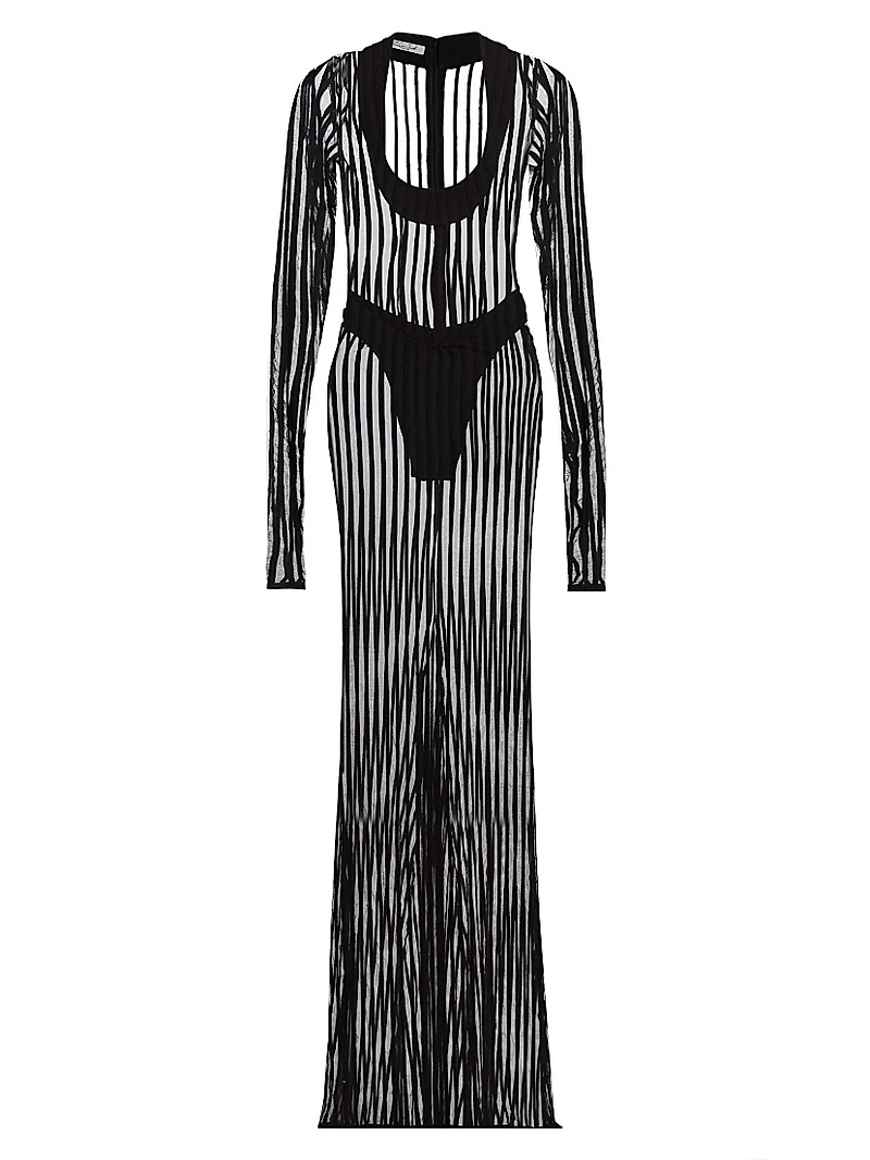 Sheer Striped Scoop Neck Gown