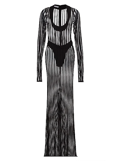 Sheer Striped Scoop Neck Gown