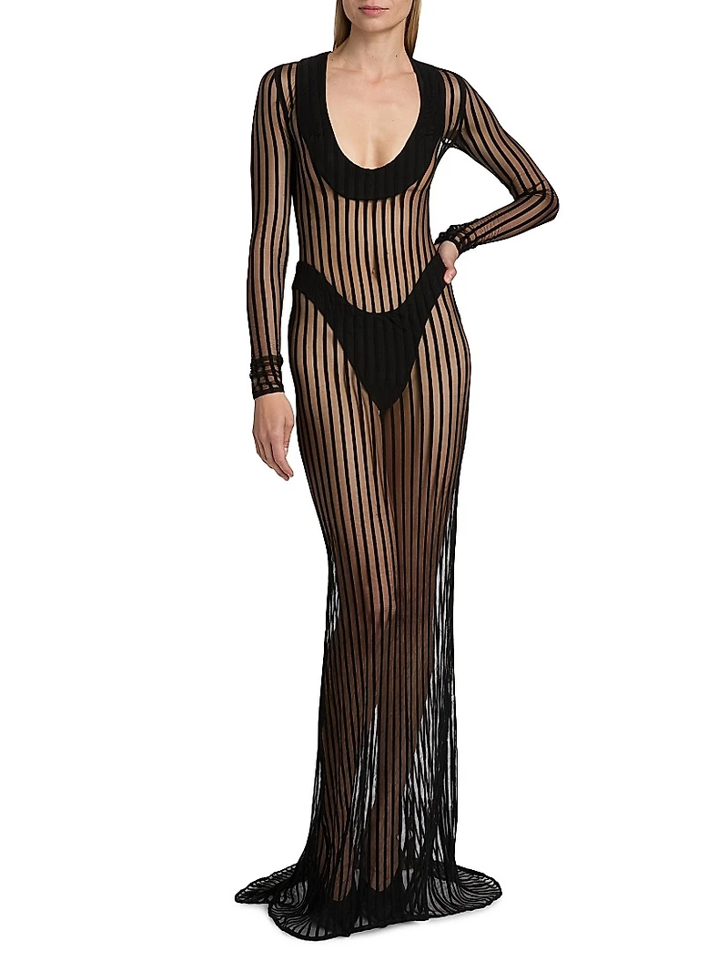 Sheer Striped Scoop Neck Gown
