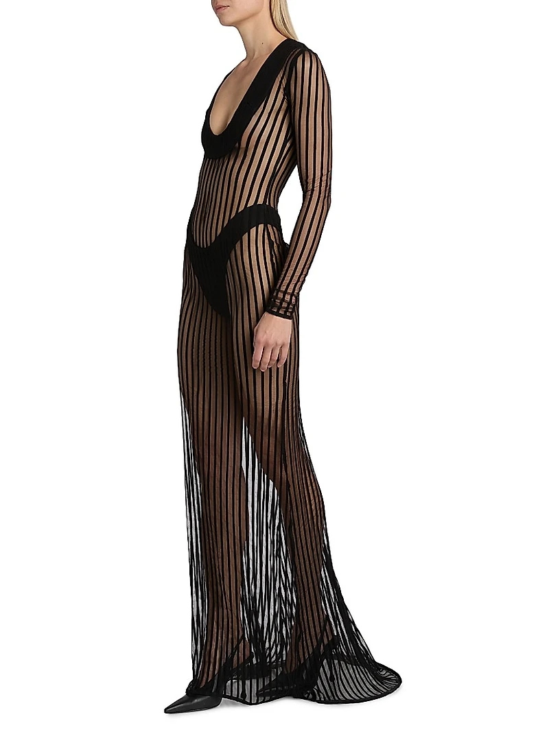 Sheer Striped Scoop Neck Gown