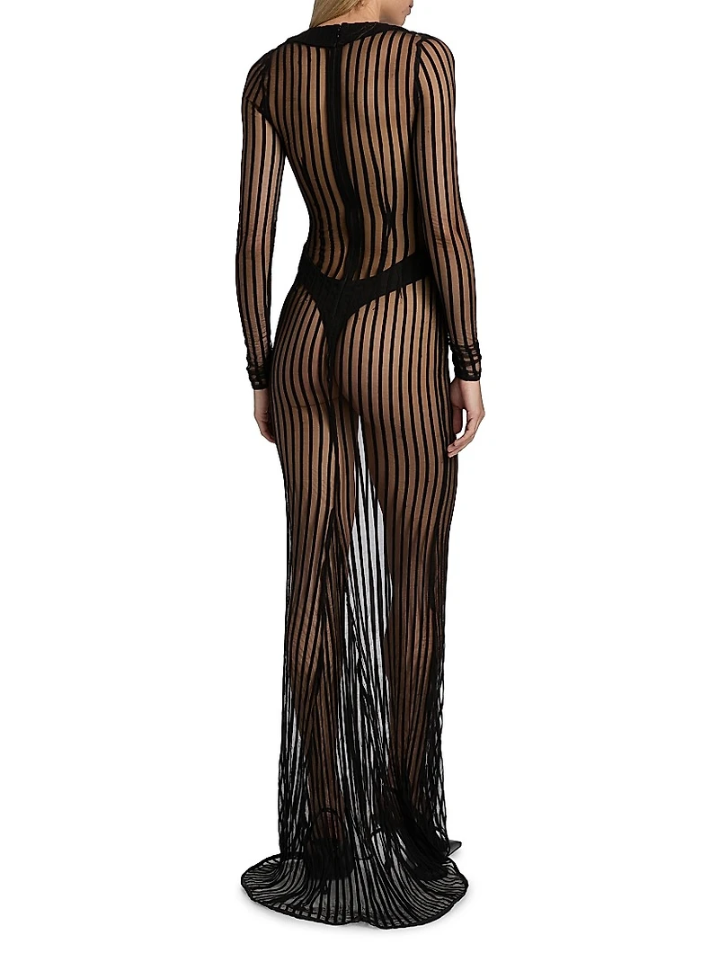 Sheer Striped Scoop Neck Gown