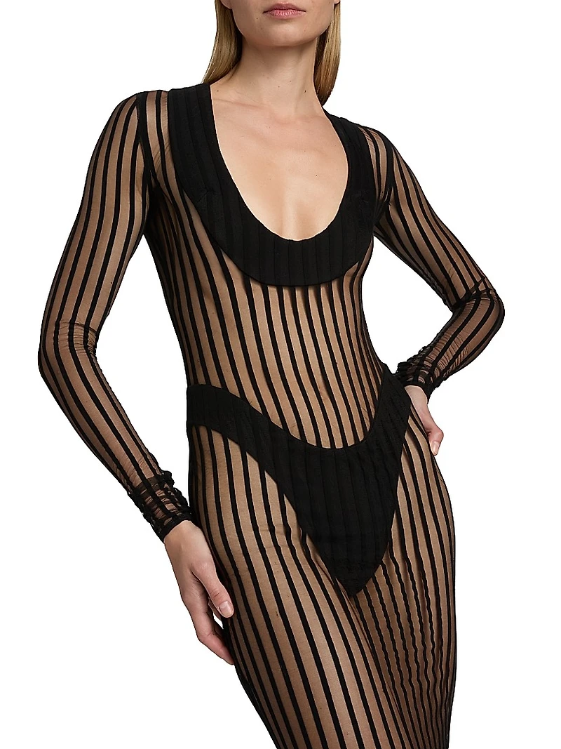Sheer Striped Scoop Neck Gown