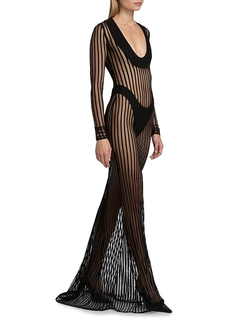 Sheer Striped Scoop Neck Gown