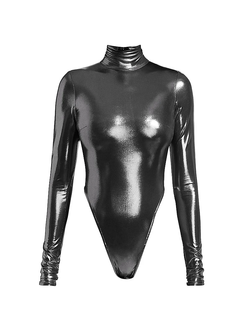 Metallic Long-Sleeve Turtleneck Bodysuit