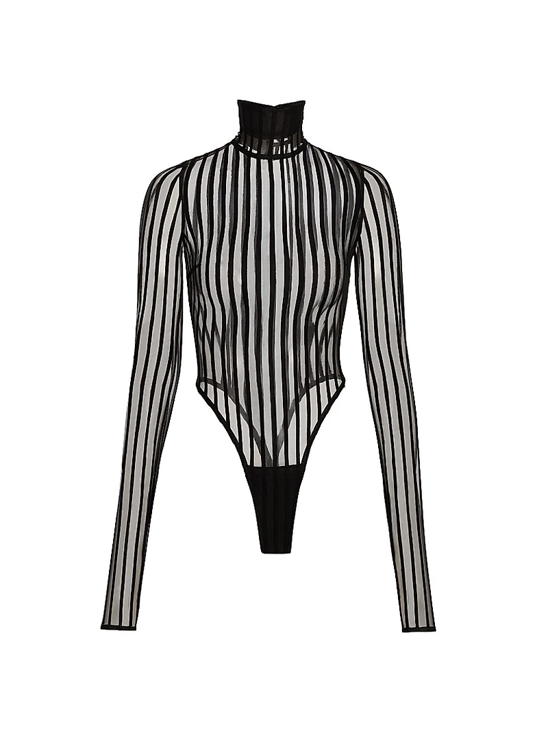 Striped Sheer Turtleneck Bodysuit
