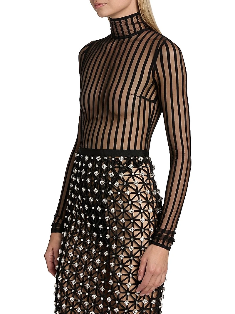 Striped Sheer Turtleneck Bodysuit