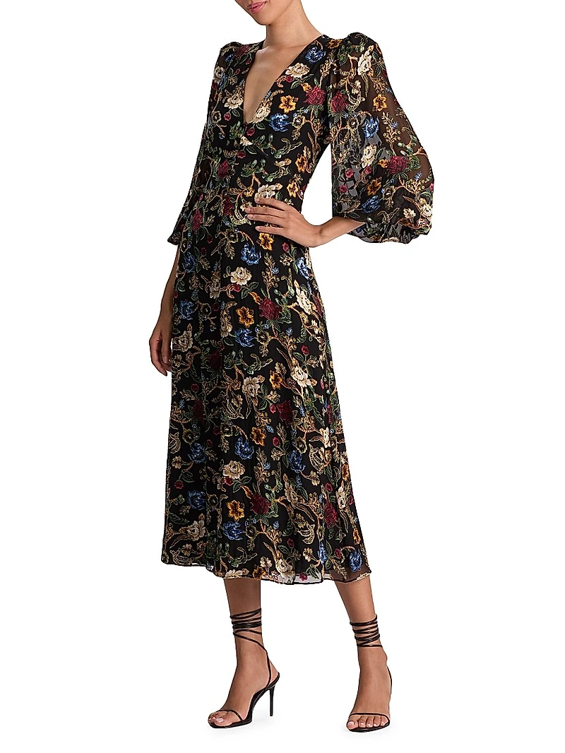 Mona Floral Tapestry Blouson Midi-Dress