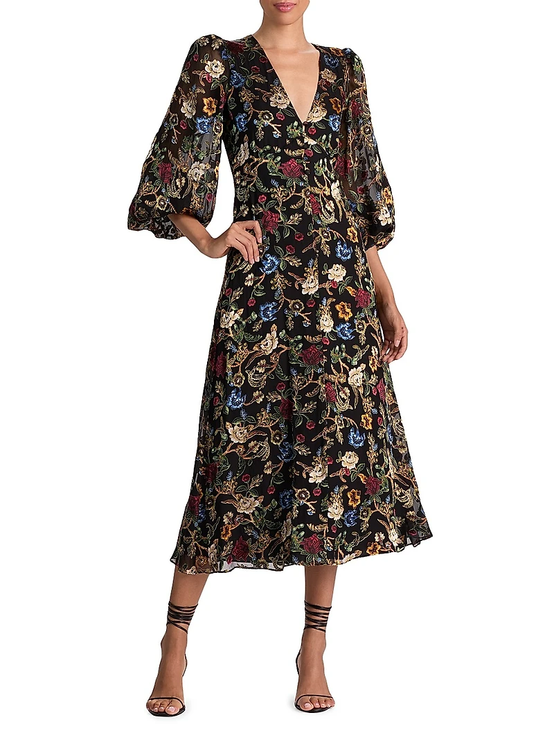 Mona Floral Tapestry Blouson Midi-Dress