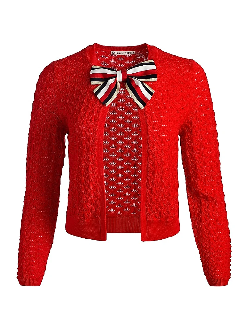 Dollie Bow-Accented Open-Front Cardigan