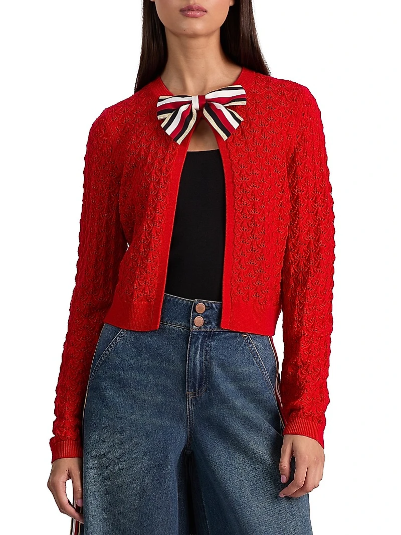 Dollie Bow-Accented Open-Front Cardigan