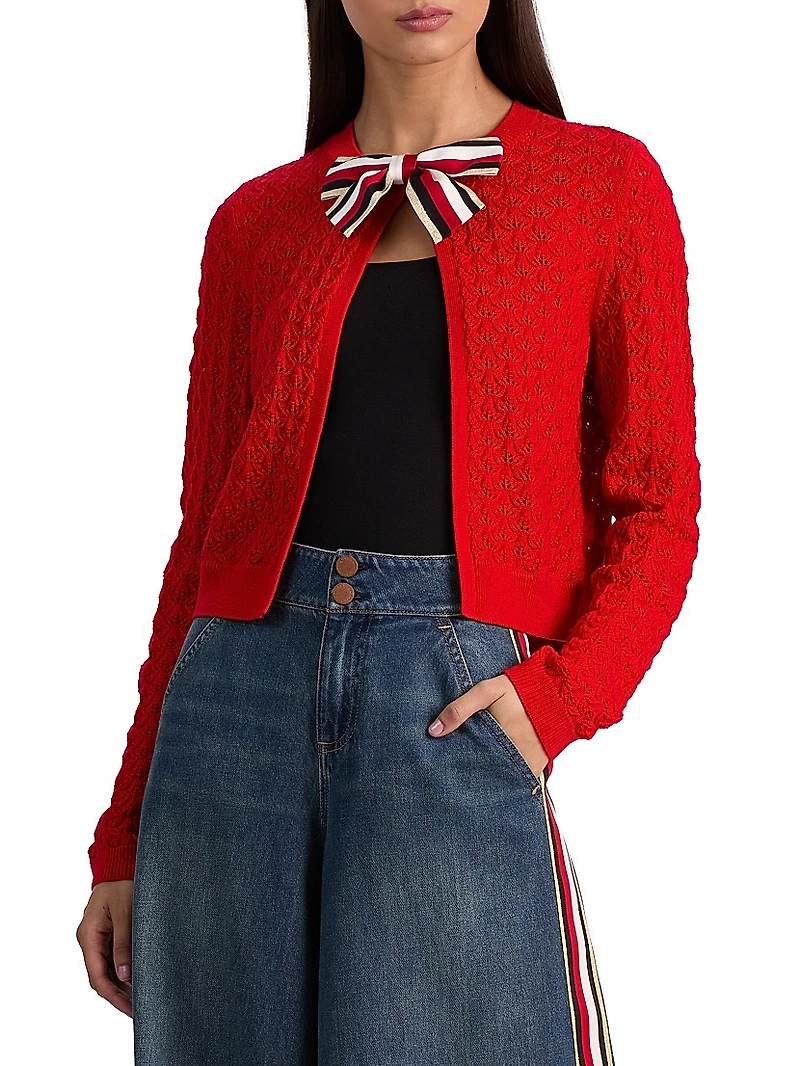 Dollie Bow-Accented Open-Front Cardigan