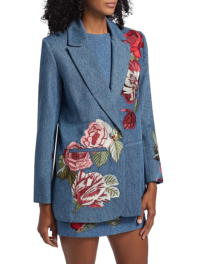 Billie Denim Floral Embroidered Boxy Blazer