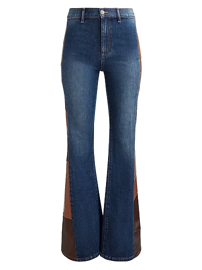 Faux Leather Patchwork High-Rise Flare Jeans