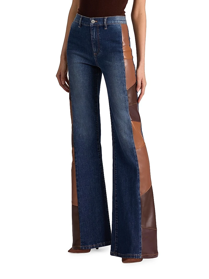 Faux Leather Patchwork High-Rise Flare Jeans