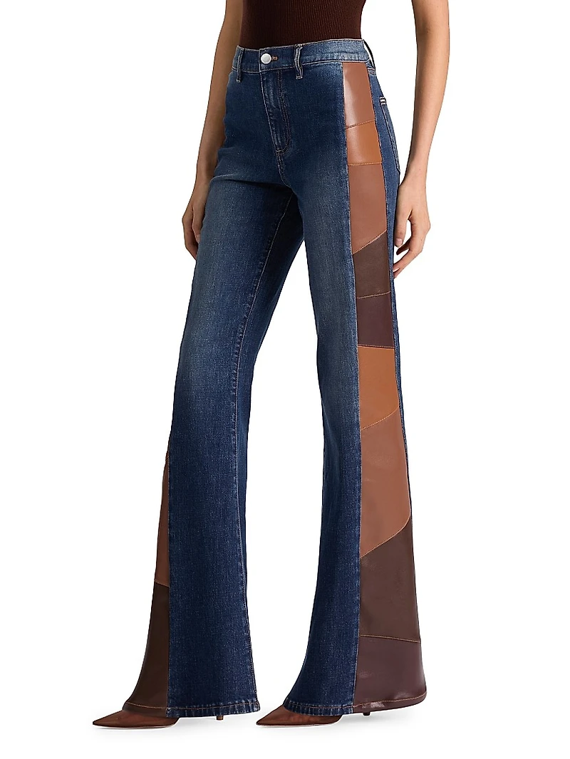 Faux Leather Patchwork High-Rise Flare Jeans
