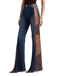 Faux Leather Patchwork High-Rise Flare Jeans