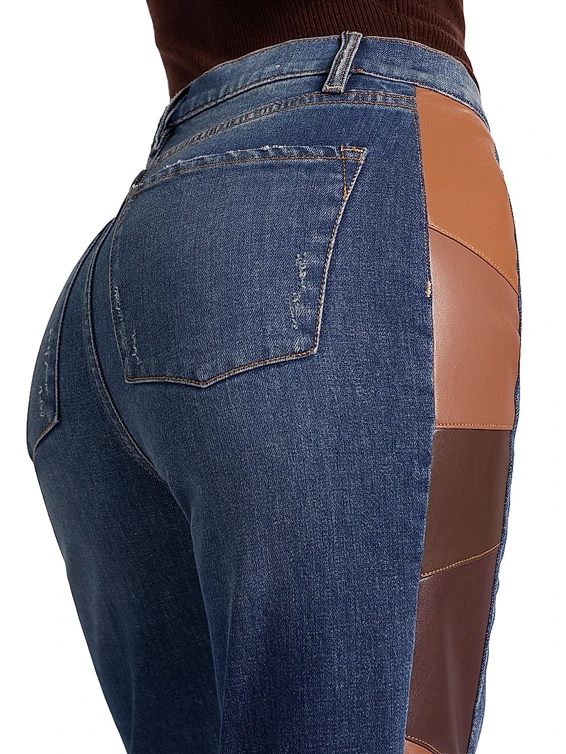 Faux Leather Patchwork High-Rise Flare Jeans