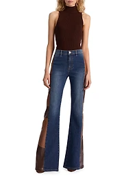 Faux Leather Patchwork High-Rise Flare Jeans