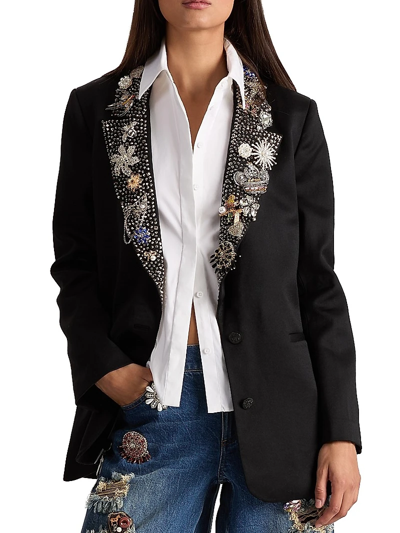 Elna Crystal-Embellished Long Blazer