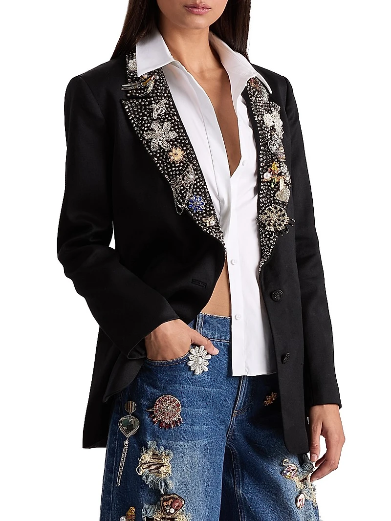 Elna Crystal-Embellished Long Blazer