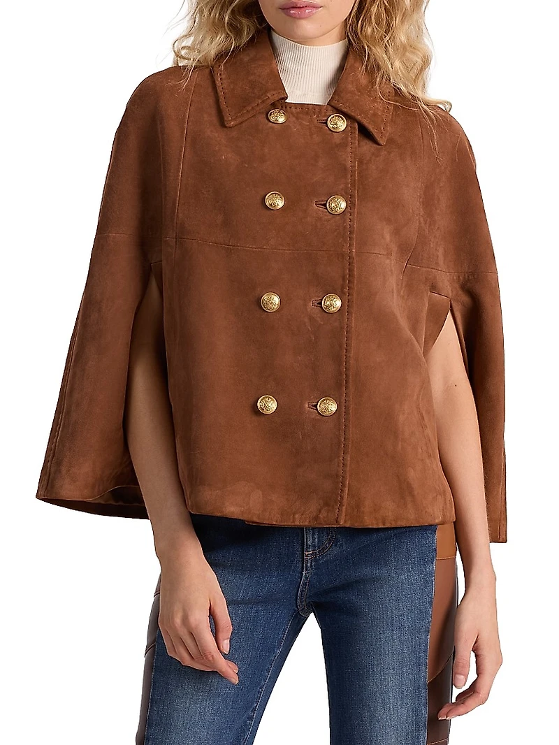 Reynalda Suede Double-Breasted Mini Cape