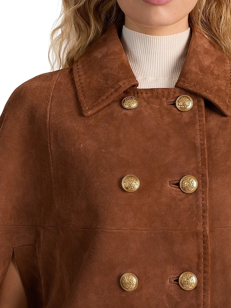 Reynalda Suede Double-Breasted Mini Cape