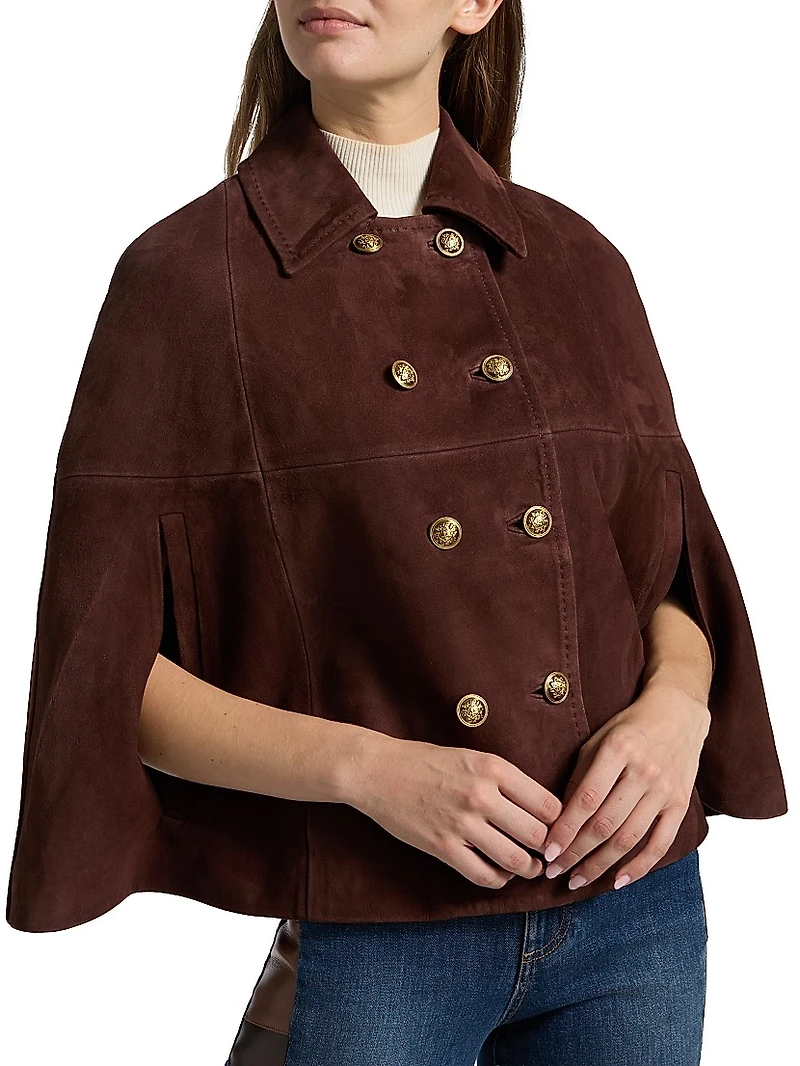 Reynalda Suede Double-Breasted Mini Cape