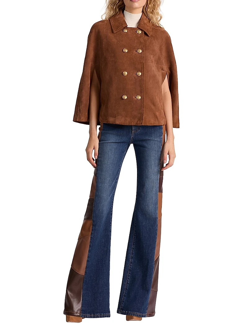 Reynalda Suede Double-Breasted Mini Cape
