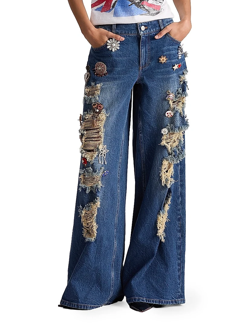 Harper Distressed & Embellished Baggy Jeans