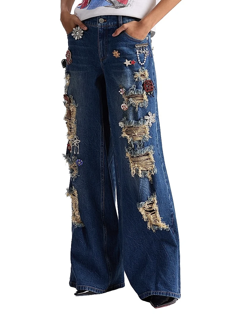 Harper Distressed & Embellished Baggy Jeans