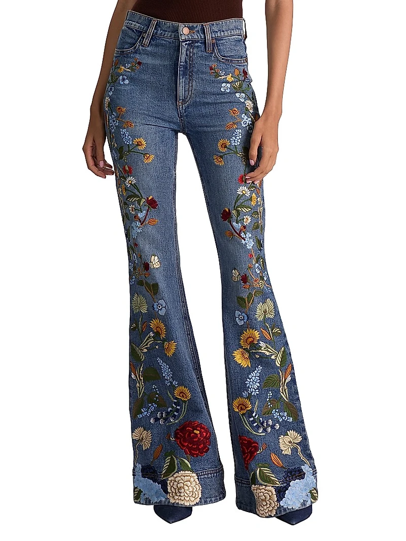 Beautiful Floral-Embroidered High-Rise Bell Jeans