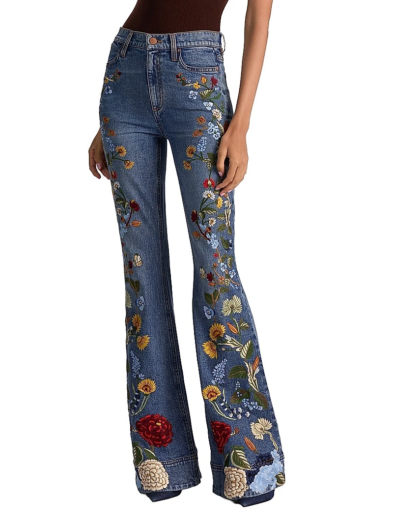 Beautiful Floral-Embroidered High-Rise Bell Jeans