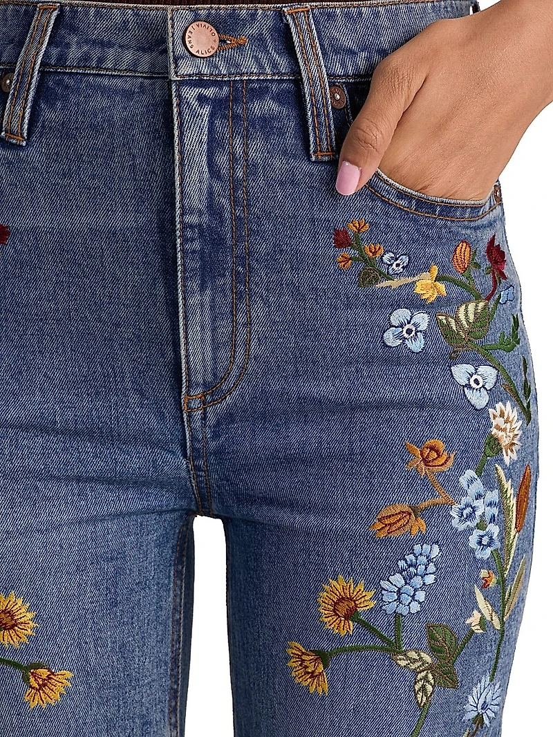 Beautiful Floral-Embroidered High-Rise Bell Jeans