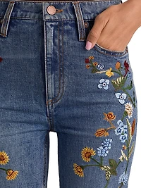 Beautiful Floral-Embroidered High-Rise Bell Jeans