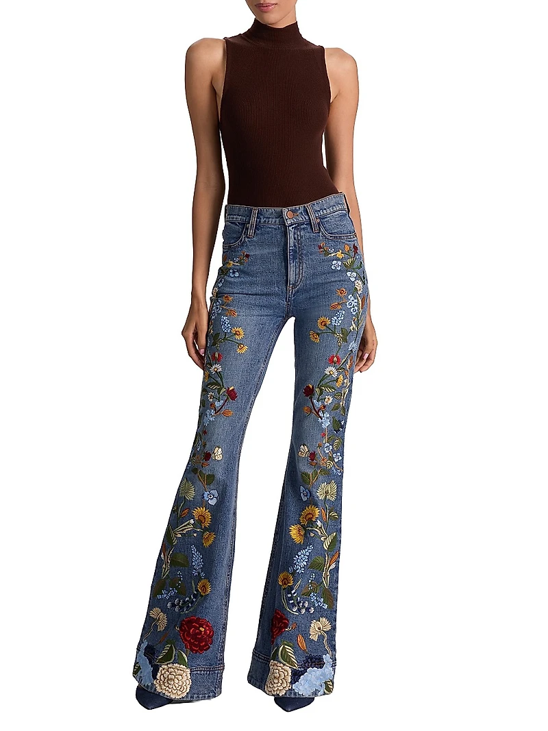 Beautiful Floral-Embroidered High-Rise Bell Jeans