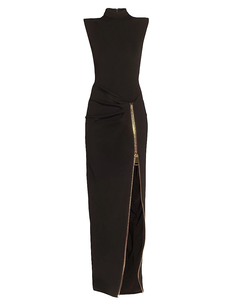 Zipped Slit Sleeveless Jersey Gown