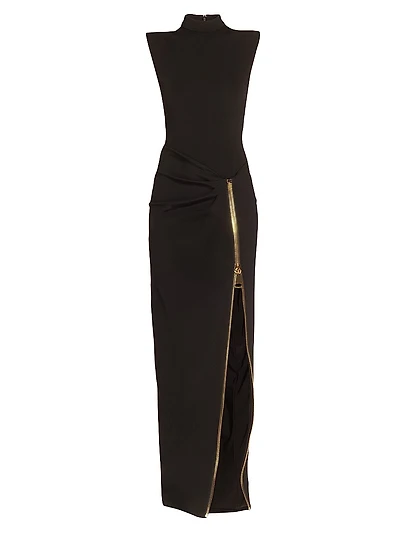 Zipped Slit Sleeveless Jersey Gown