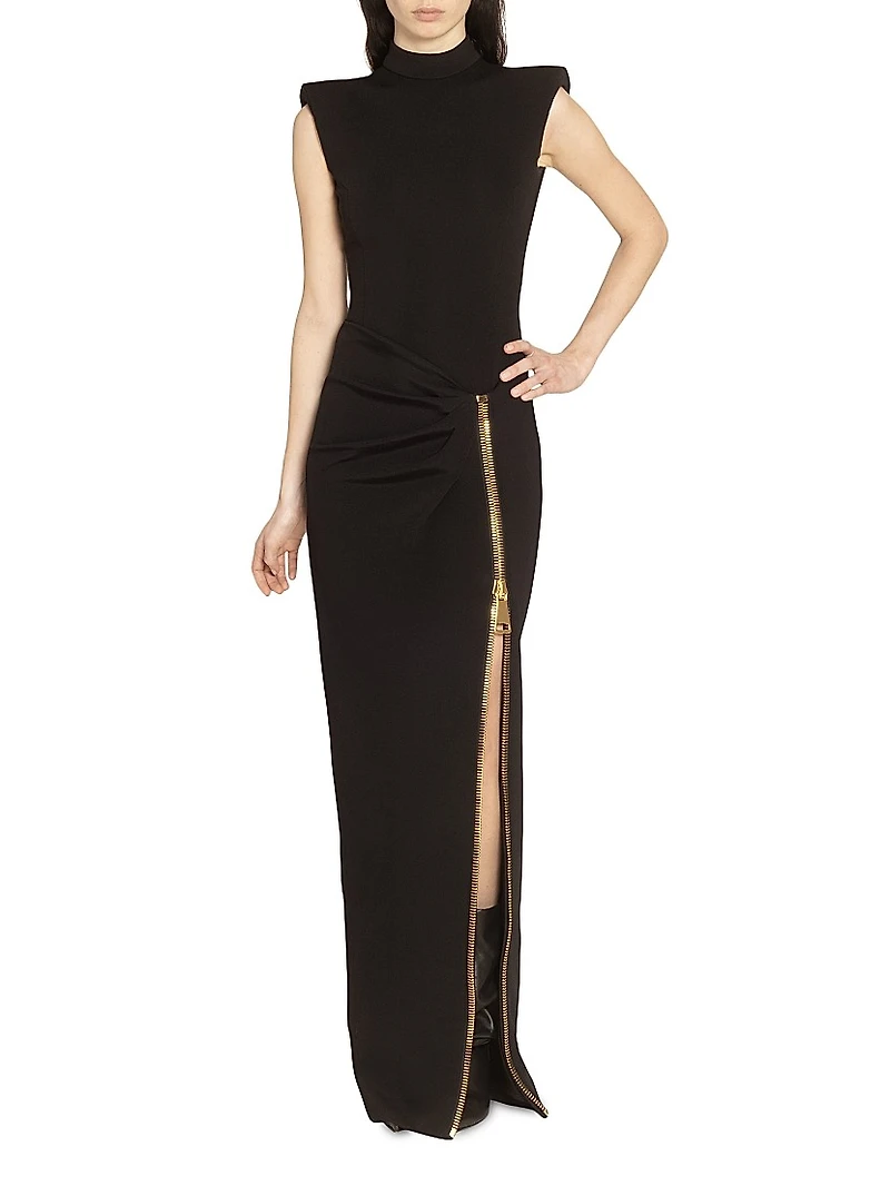 Zipped Slit Sleeveless Jersey Gown