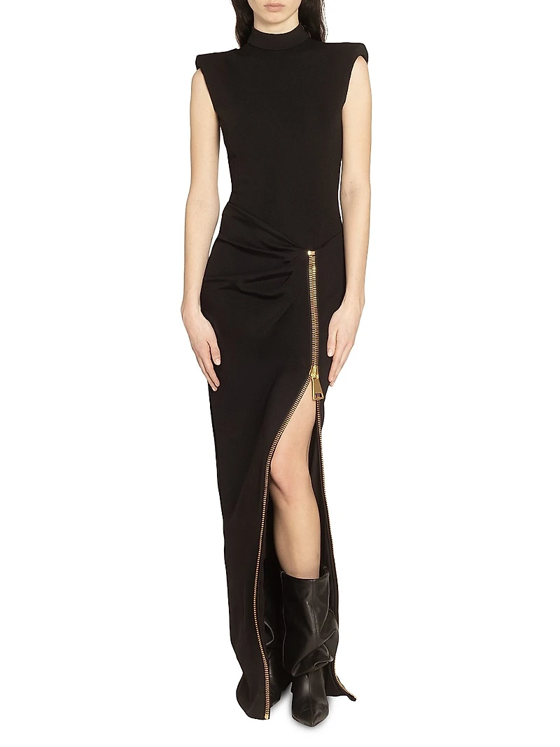 Zipped Slit Sleeveless Jersey Gown