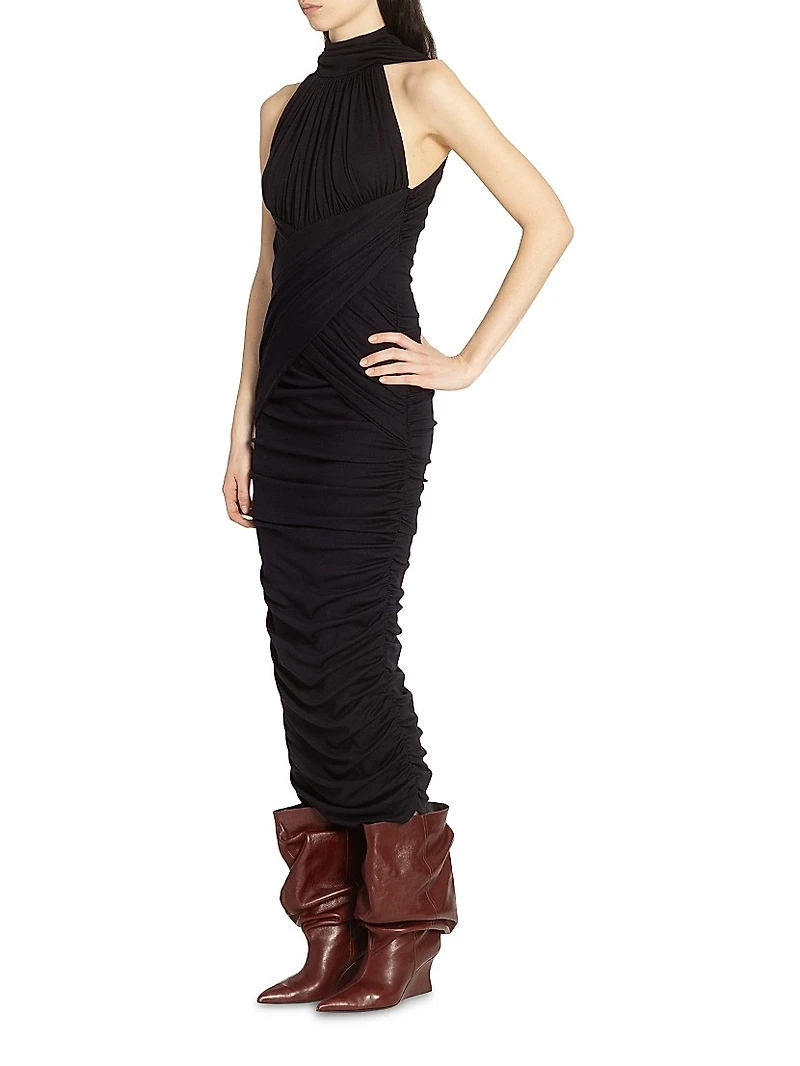 Ruched Wool Midi-Dress