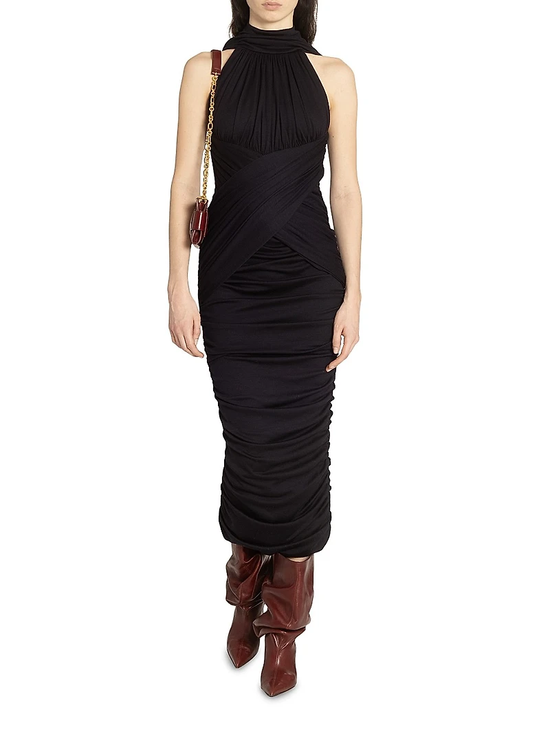 Ruched Wool Midi-Dress