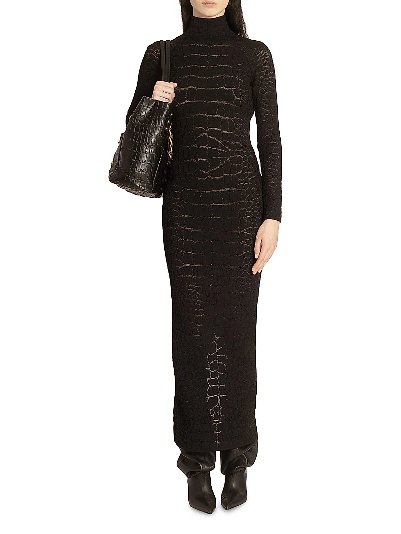 Croc-Effect Knit Open-Back Maxi Dress