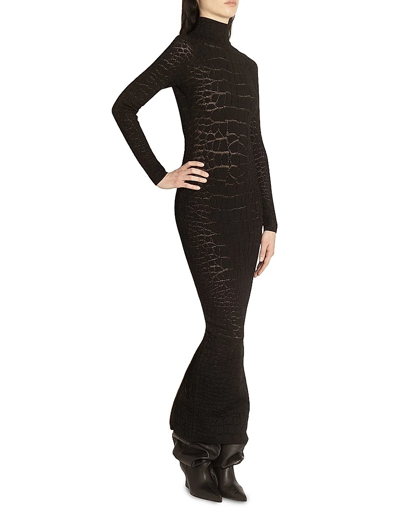 Croc-Effect Knit Open-Back Maxi Dress