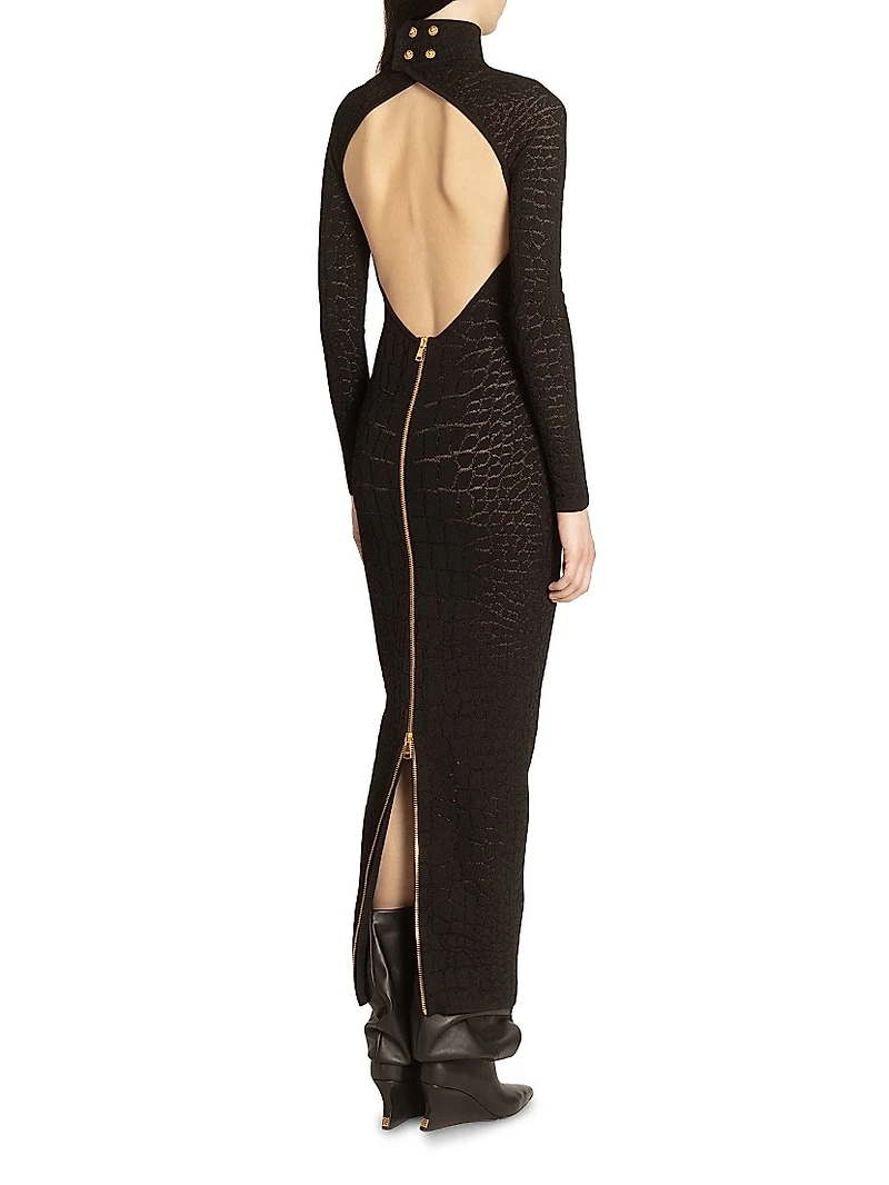 Croc-Effect Knit Open-Back Maxi Dress