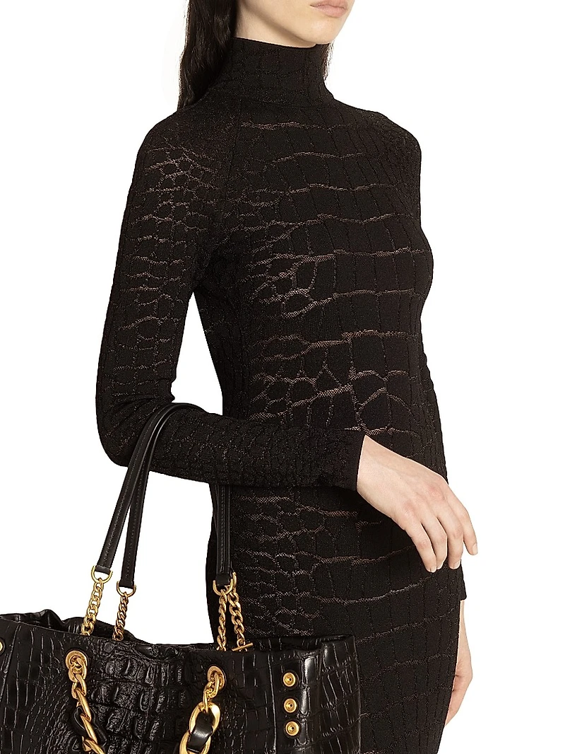 Croc-Effect Knit Open-Back Maxi Dress