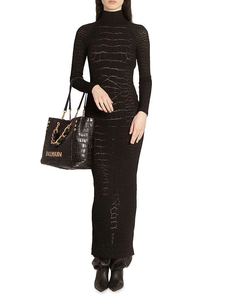 Croc-Effect Knit Open-Back Maxi Dress