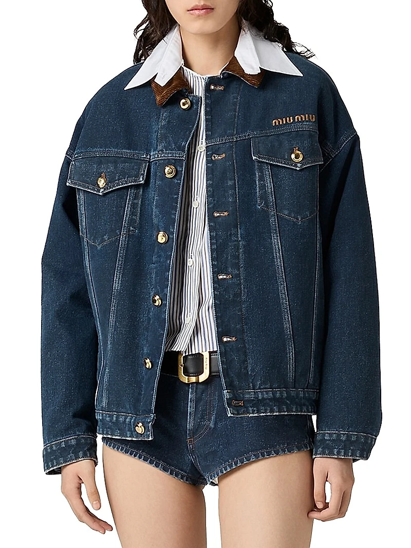 Flocked Denim and Velvet Blouson Jacket