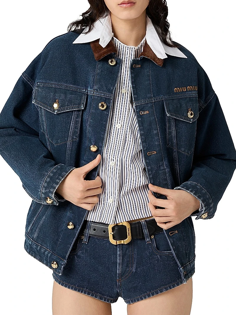Flocked Denim and Velvet Blouson Jacket